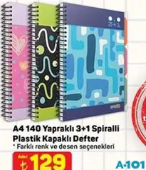 GIPTA A4 140 YAPRAKLI 3+1 SPİRALLİ PLASTİK KAPAKLI DEFTER ÇİZGİLİ/KARELİ